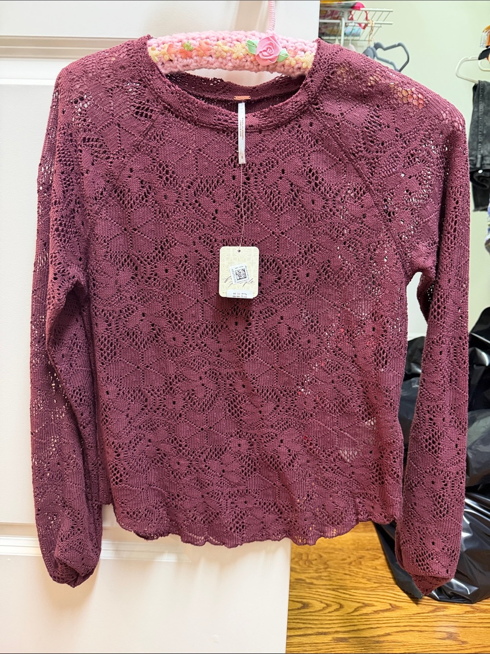 NWT Free People Burgundy Crochet Lace Long-Sleeve Top